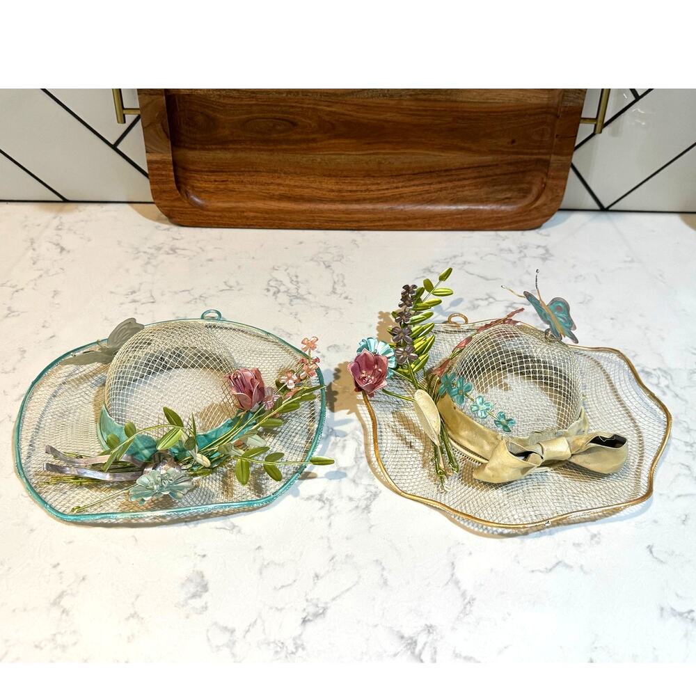 vintage decorative mesh hats adorned with metal flowers and butterflies spring